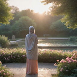 A realistic sunrise landscape featuring an Asian girl in a hijab, embracing nature, standing alone in a greenery filled with flowers and birds, with a fountain in the scene, her back facing us.