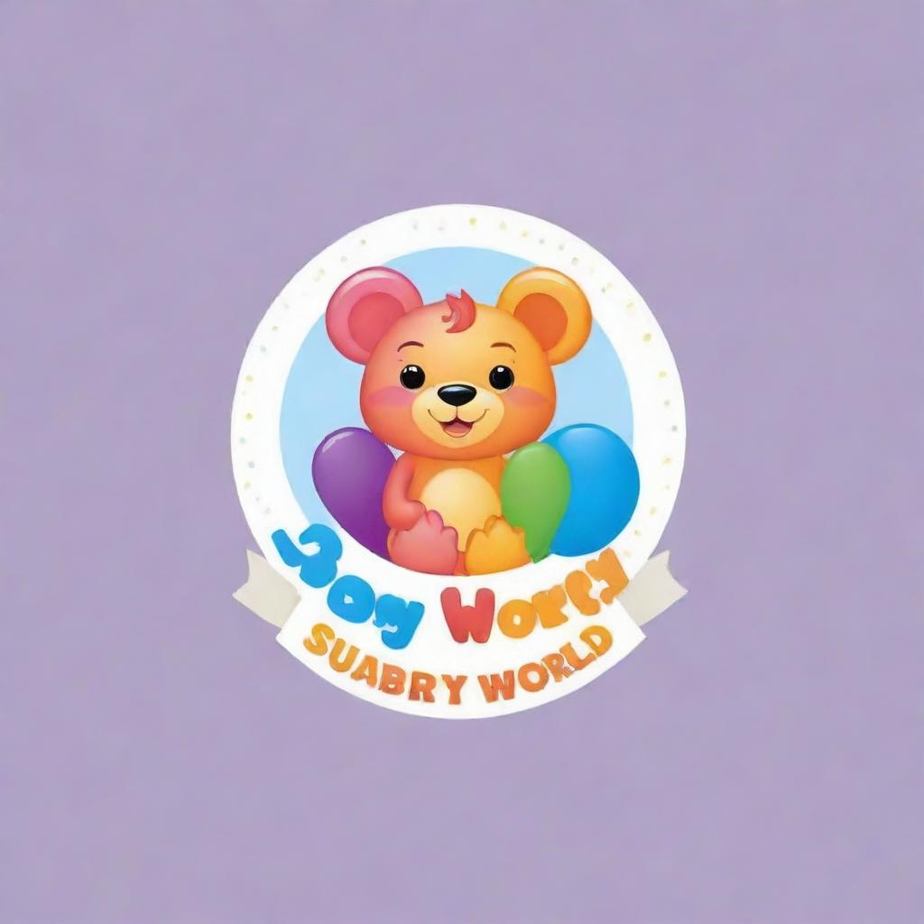 Design a logo for a toy shop named 'Suraj Baby World'. The logo should be colorful, playful and include elements related to toys and children.