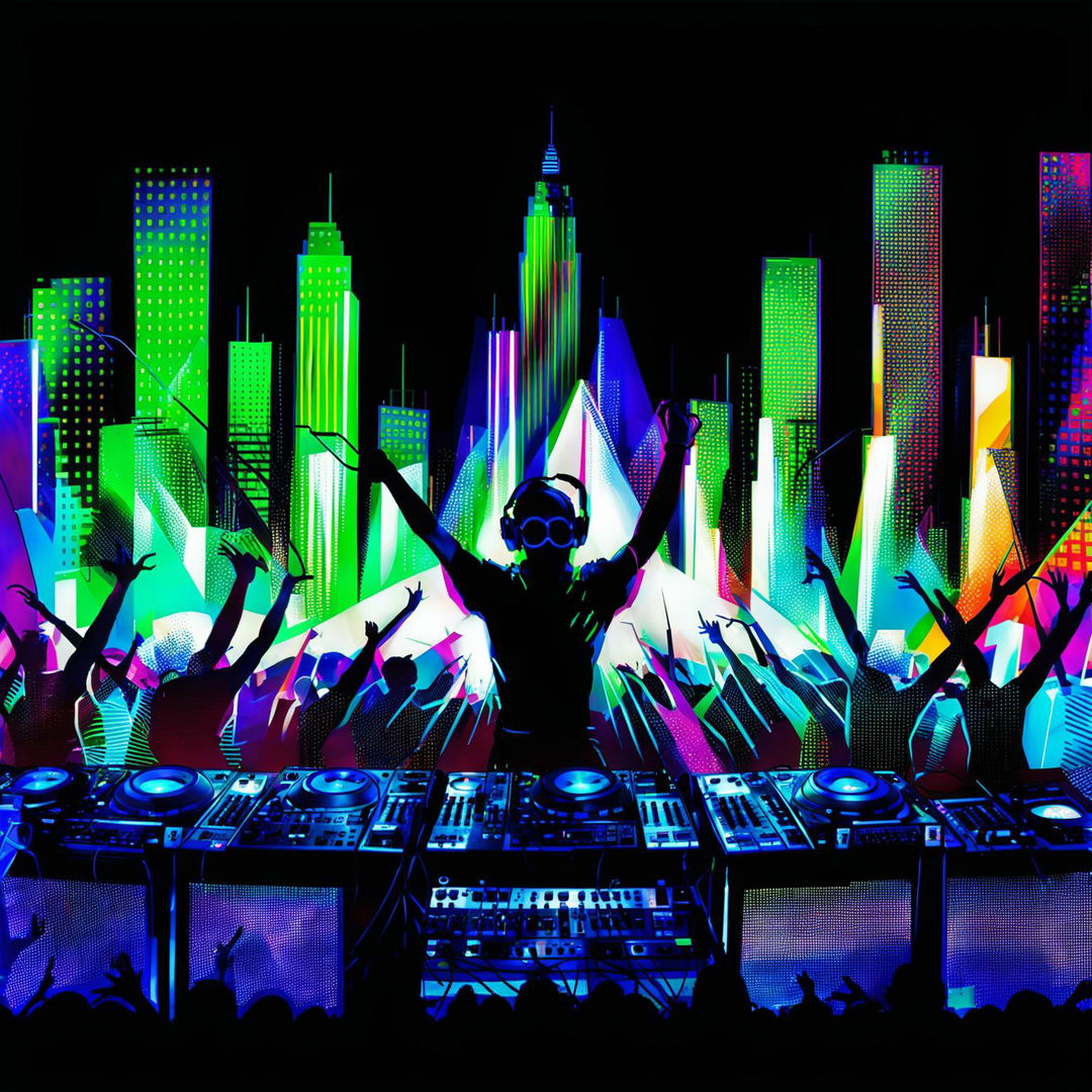 Pop art style image of an electronic music concert rave with vibrant colors, DJ on stage, dancing crowd with glow sticks, psychedelic screens and skyscrapers in the background.