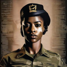 A compelling digital art image depicting a black female Sergeant in the US Army, her face etched with determination