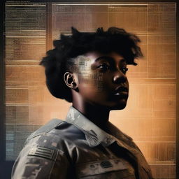 A compelling digital art image depicting a black female Sergeant in the US Army, her face etched with determination