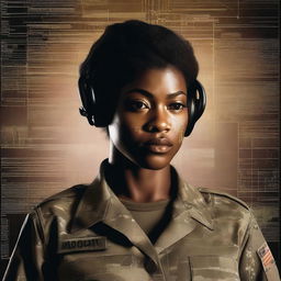 A compelling digital art image depicting a black female Sergeant in the US Army, her face etched with determination