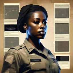 A compelling digital art image depicting a black female Sergeant in the US Army, her face etched with determination