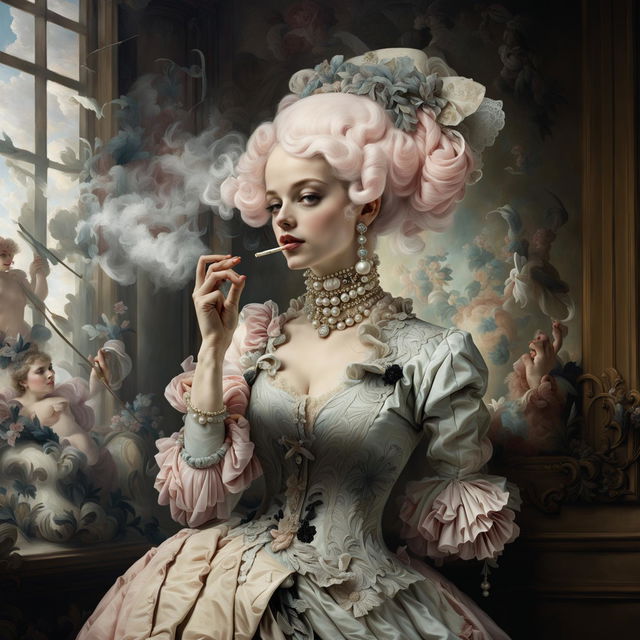 Rococo styled painting of a French woman in an opulent gown and powdered wig, holding a cigarette holder and wearing red lipstick in an ornate room.