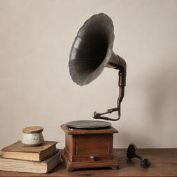 An image showcasing elements related to old classical music, prominently featuring a vintage gramophone