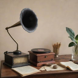 An image showcasing elements related to old classical music, prominently featuring a vintage gramophone