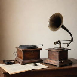 An image showcasing elements related to old classical music, prominently featuring a vintage gramophone