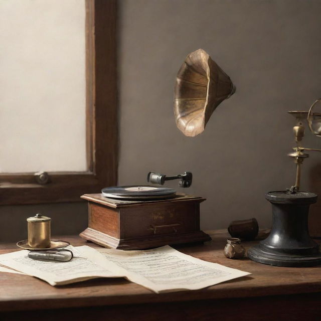 An image showcasing elements related to old classical music, prominently featuring a vintage gramophone