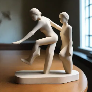 The artist skillfully carved the sculpture so that it appeared to be balanced edgeways on the edge of a table.