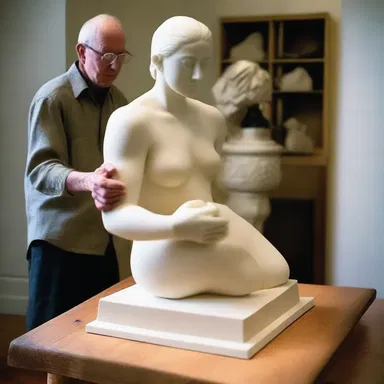 The artist skillfully carved the sculpture so that it appeared to be balanced edgeways on the edge of a table.
