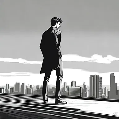 In the suspenseful scene, the protagonist stood edgeways on the rooftop, contemplating whether to take the leap or not.