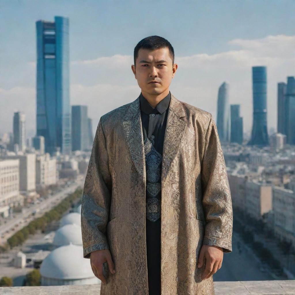 A futuristic representation of an Uzbek man, dressed in a blend of traditional attire and high-tech elements, standing amidst a cybernetic city landscape.