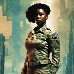 This is a high-quality, striking book cover featuring a black female Sergeant in the US Army