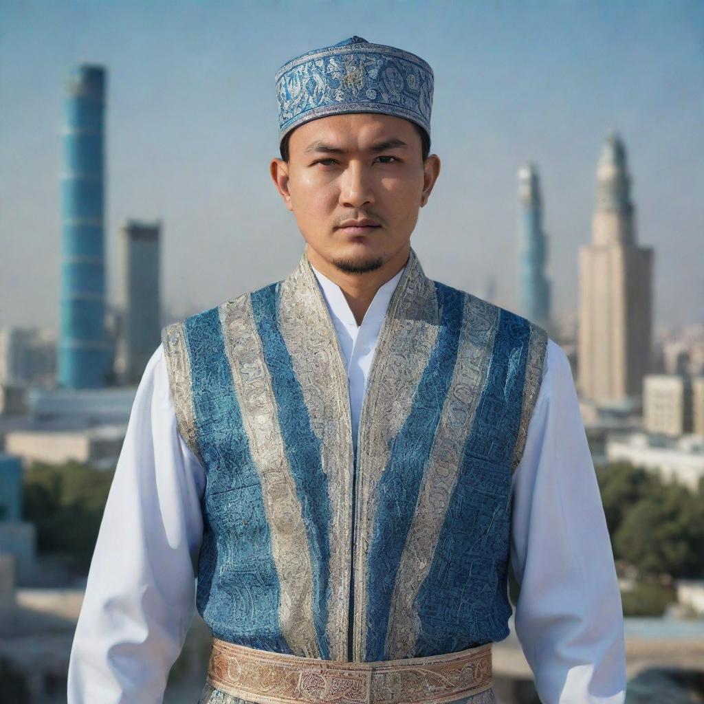 A futuristic representation of an Uzbek man, dressed in a blend of traditional attire and high-tech elements, standing amidst a cybernetic city landscape.