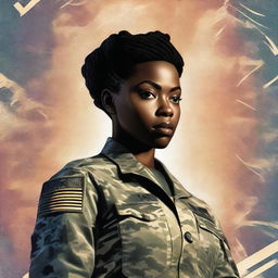 This is a high-quality, striking book cover featuring a black female Sergeant in the US Army