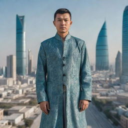 A futuristic representation of an Uzbek man, dressed in a blend of traditional attire and high-tech elements, standing amidst a cybernetic city landscape.