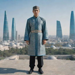 A futuristic representation of an Uzbek man, dressed in a blend of traditional attire and high-tech elements, standing amidst a cybernetic city landscape.