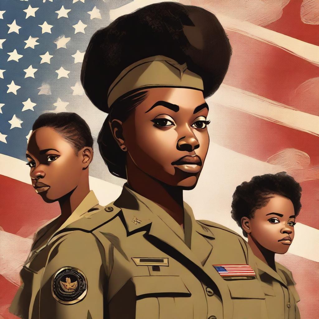 An impactful book cover in high-resolution digital art style, featuring a determined black female Sergeant in the US Army, holding her children protectively