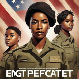 An impactful book cover in high-resolution digital art style, featuring a determined black female Sergeant in the US Army, holding her children protectively