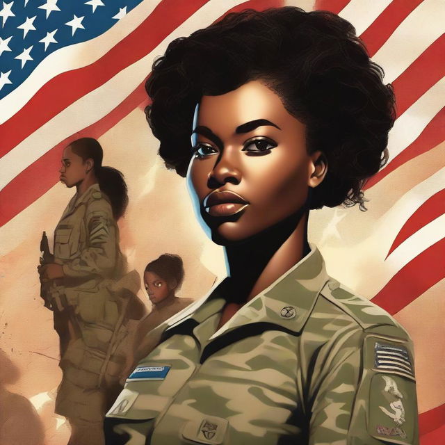 An impactful book cover in high-resolution digital art style, featuring a determined black female Sergeant in the US Army, holding her children protectively