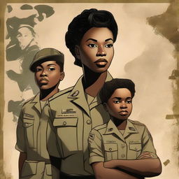 An impactful book cover in high-resolution digital art style, featuring a determined black female Sergeant in the US Army, holding her children protectively