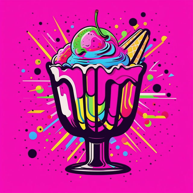 Pop art style ice cream sundae with neon-colored scoops, oversized sprinkles, whipped cream and a glowing red cherry in a classic tulip glass against a polka-dotted background.