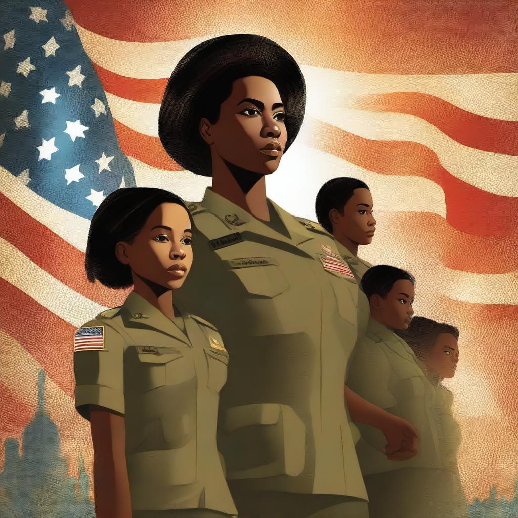 An evocative book cover, created with high-resolution digital art, features a black female Sergeant in the US Army