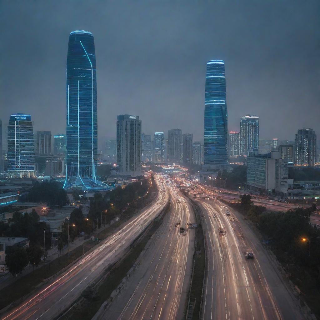 Tashkent city in a futuristic dystopian setting, with towering high-tech buildings, neon illumination, overcast gray sky, and autonomous vehicles bustling on the roads.