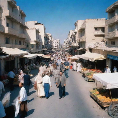 A bustling Syrian street in 1990, showcasing architecture, vibrant markets, and residents going about their daily life under a clear blue sky.