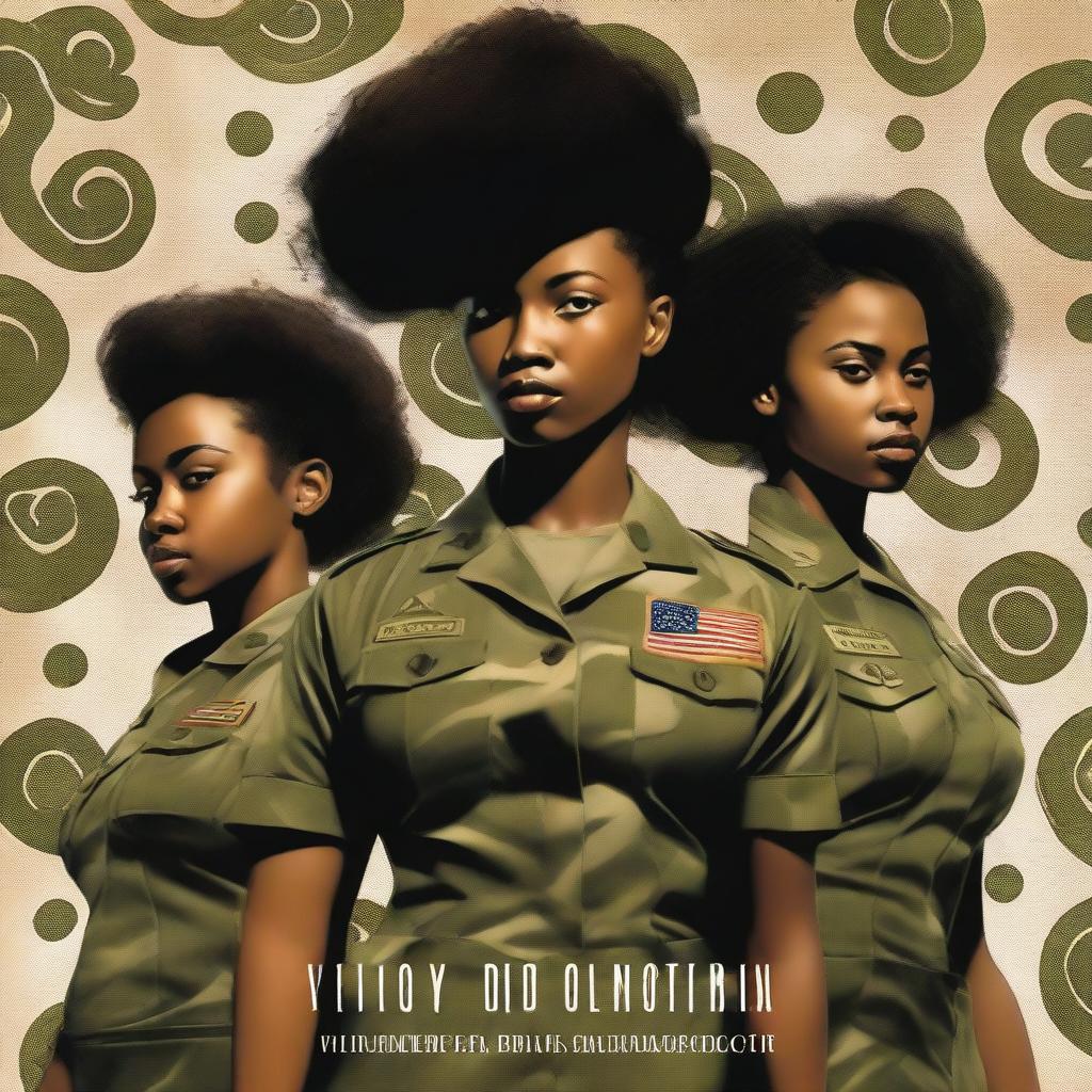 A compelling book cover, crafted in high-resolution digital art, showcases a black female Sergeant in the US Army, holding her two teenage daughters, dressed in dresses, in unison