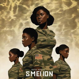 A compelling book cover, crafted in high-resolution digital art, showcases a black female Sergeant in the US Army, holding her two teenage daughters, dressed in dresses, in unison