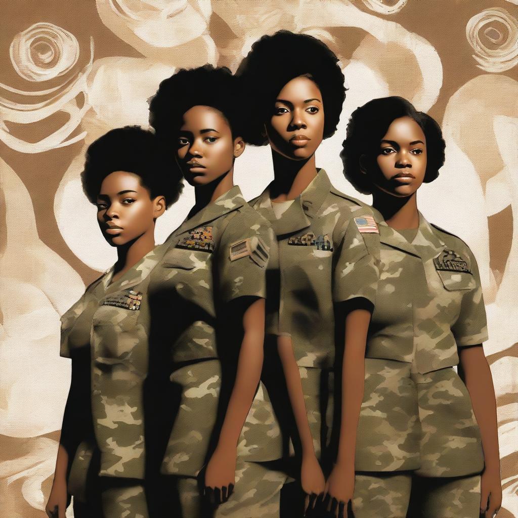 A compelling book cover, crafted in high-resolution digital art, showcases a black female Sergeant in the US Army, holding her two teenage daughters, dressed in dresses, in unison