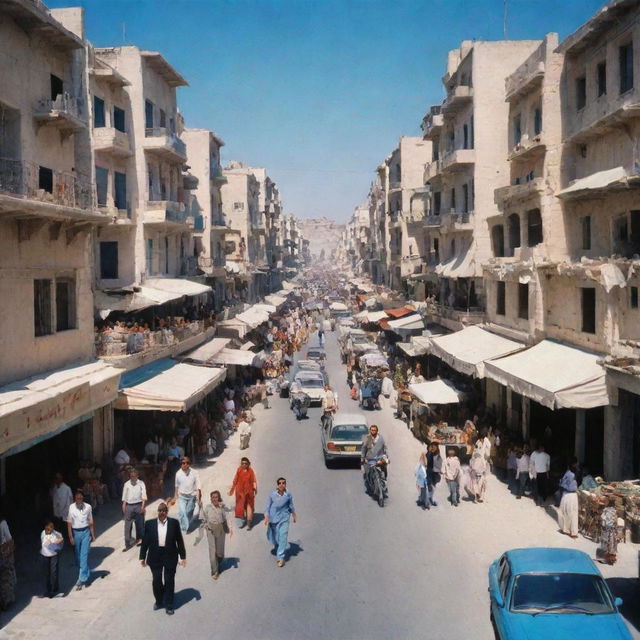 A bustling Syrian street in 1990, showcasing architecture, vibrant markets, and residents going about their daily life under a clear blue sky.