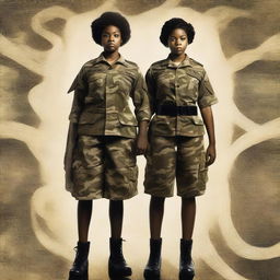 A compelling book cover, crafted in high-resolution digital art, showcases a black female Sergeant in the US Army, holding her two teenage daughters, dressed in dresses, in unison