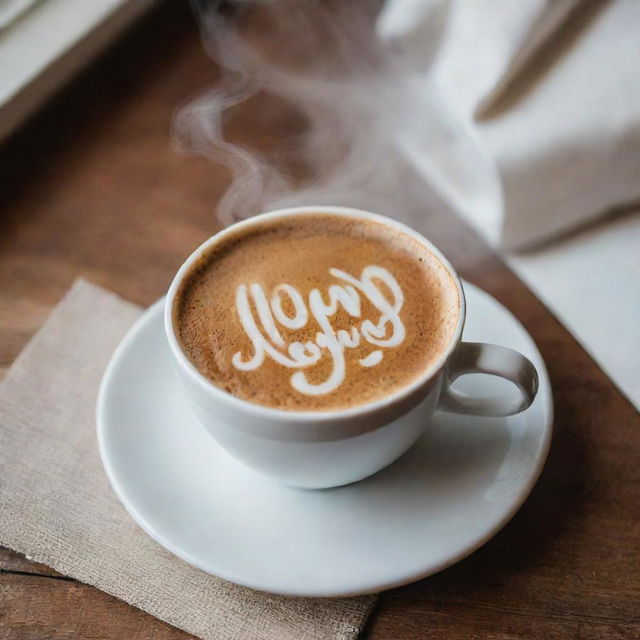 A steaming cup of coffee with the word 'Moulicious' elegantly written with foam art, and a 'Good Morning' message beside it on a bright, cozy morning.