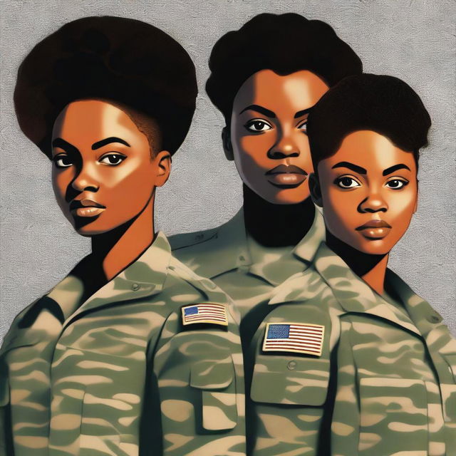 A striking digital art book cover presents a black female Sergeant in the US Army, posing alongside her two teenage daughters dressed in matching outfits