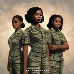 A striking digital art book cover presents a black female Sergeant in the US Army, posing alongside her two teenage daughters dressed in matching outfits