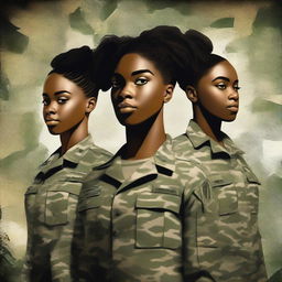 A striking digital art book cover presents a black female Sergeant in the US Army, posing alongside her two teenage daughters dressed in matching outfits