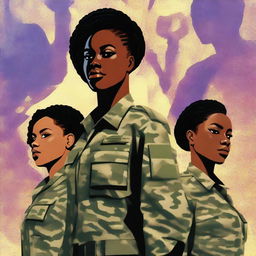 A striking digital art book cover presents a black female Sergeant in the US Army, posing alongside her two teenage daughters dressed in matching outfits