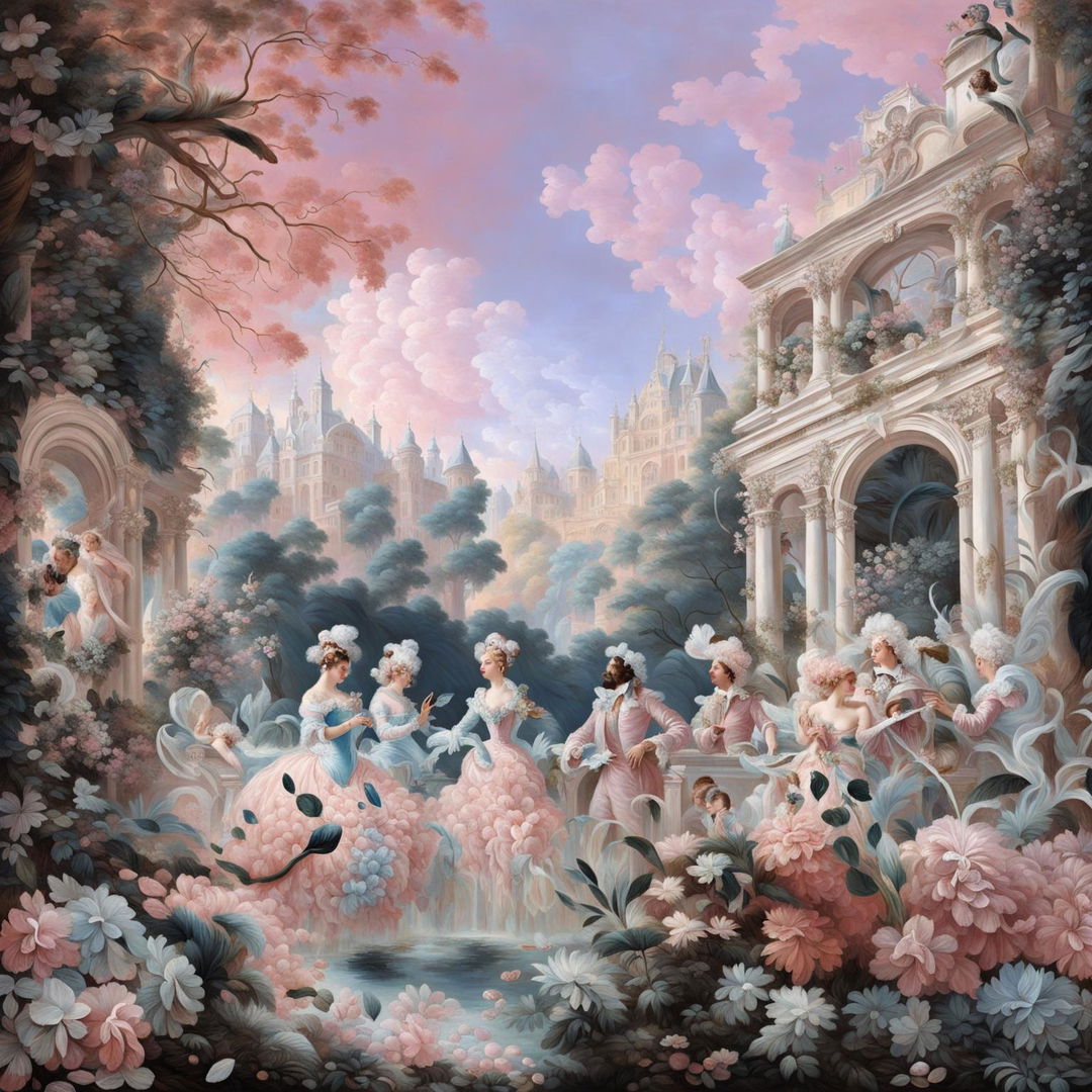 A Rococo-style painting depicting an elegant gathering in a lush garden with a grand chateau in the background.