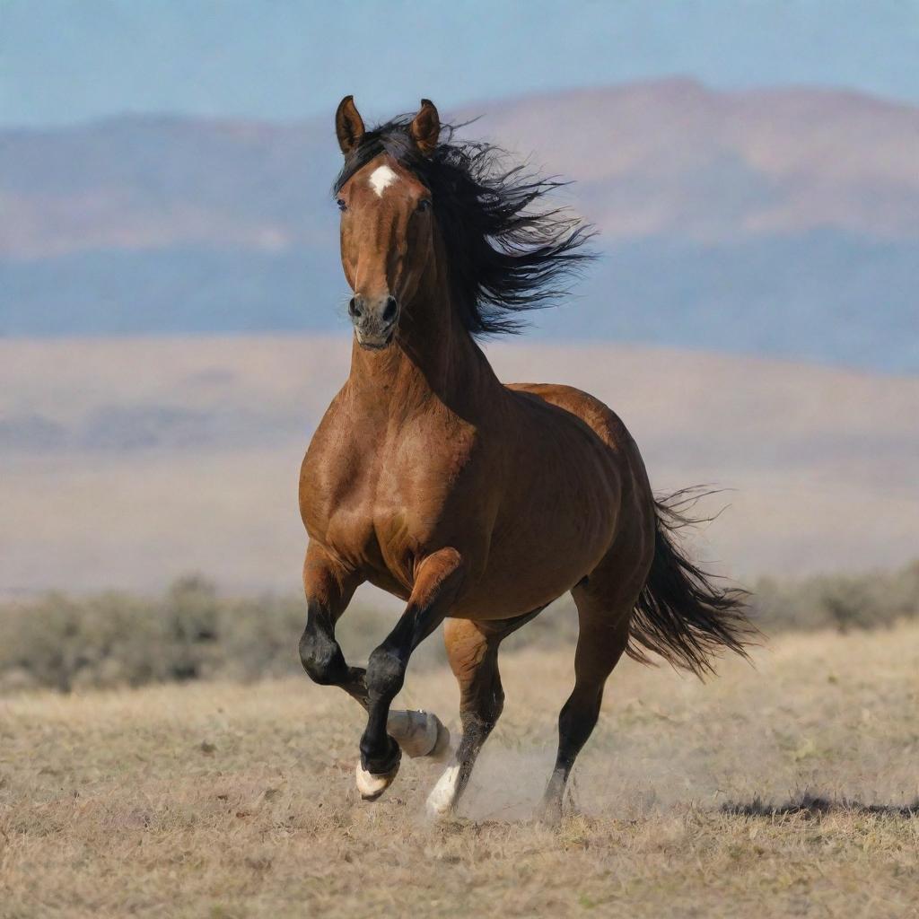 A wild Mustang horse galloping across a grassy plain, with mountains in the backdrop.