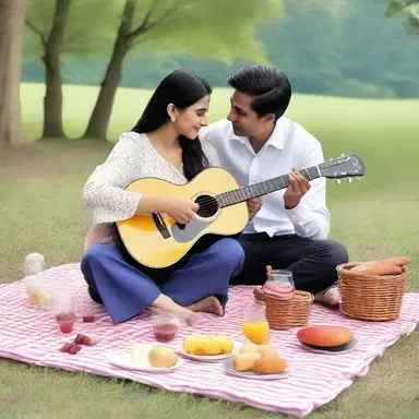 During their romantic picnic, the couple enjoyed the melodious tunes of the gittern.