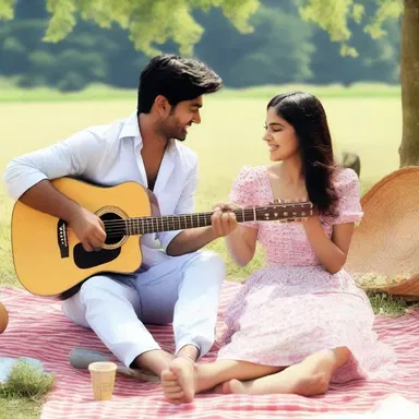 During their romantic picnic, the couple enjoyed the melodious tunes of the gittern.