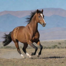 A wild Mustang horse galloping across a grassy plain, with mountains in the backdrop.