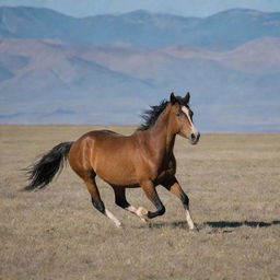 A wild Mustang horse galloping across a grassy plain, with mountains in the backdrop.