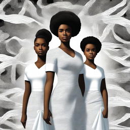 A captivating digital art book cover displays a black female Sergeant in the US Army, posing with her two teenage daughters adorned in white flowy dresses