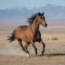 A wild Mustang horse galloping across a grassy plain, with mountains in the backdrop.