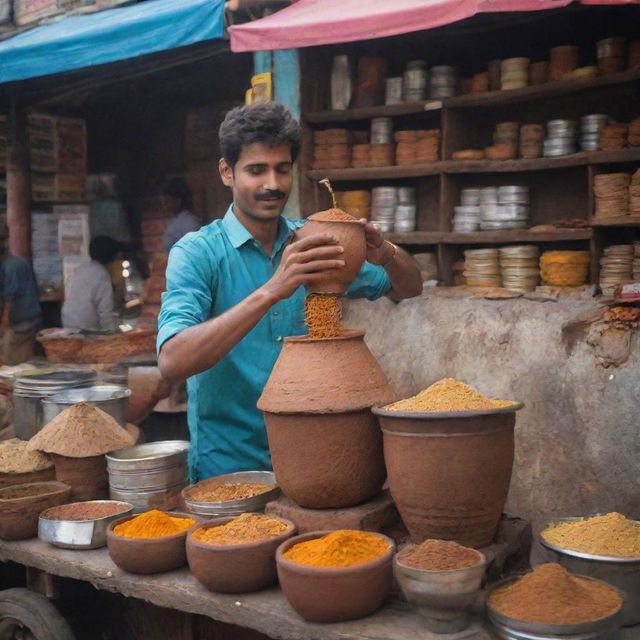 A chaiwala in India, expertly pouring tea from a great height into a clay kulhad. His stall is adorned with various Indian spices, traditional utensils, and an inviting array of colourful snacks. The background hints at the hustle and bustle of an Indian street.