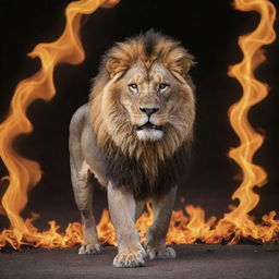 A majestic lion surrounded by vibrant, dancing flames in a wild, dramatic scene