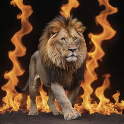 A majestic lion surrounded by vibrant, dancing flames in a wild, dramatic scene